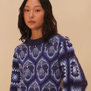 Farm Rio Blue Pinneaple Cobogo Knit Sweater